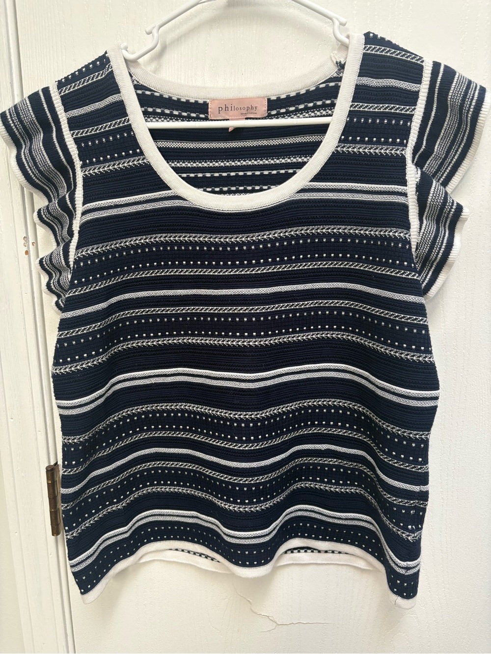 philosophy Navy & White Striped Knit Short Sleeve Top - very unique top
